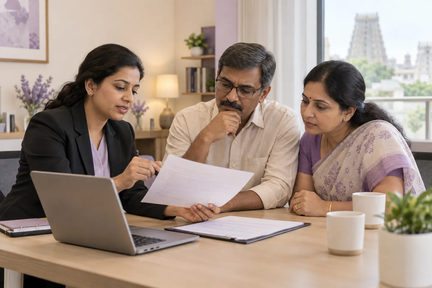 An Indian claim specialist explaining a claim decision to policyholders