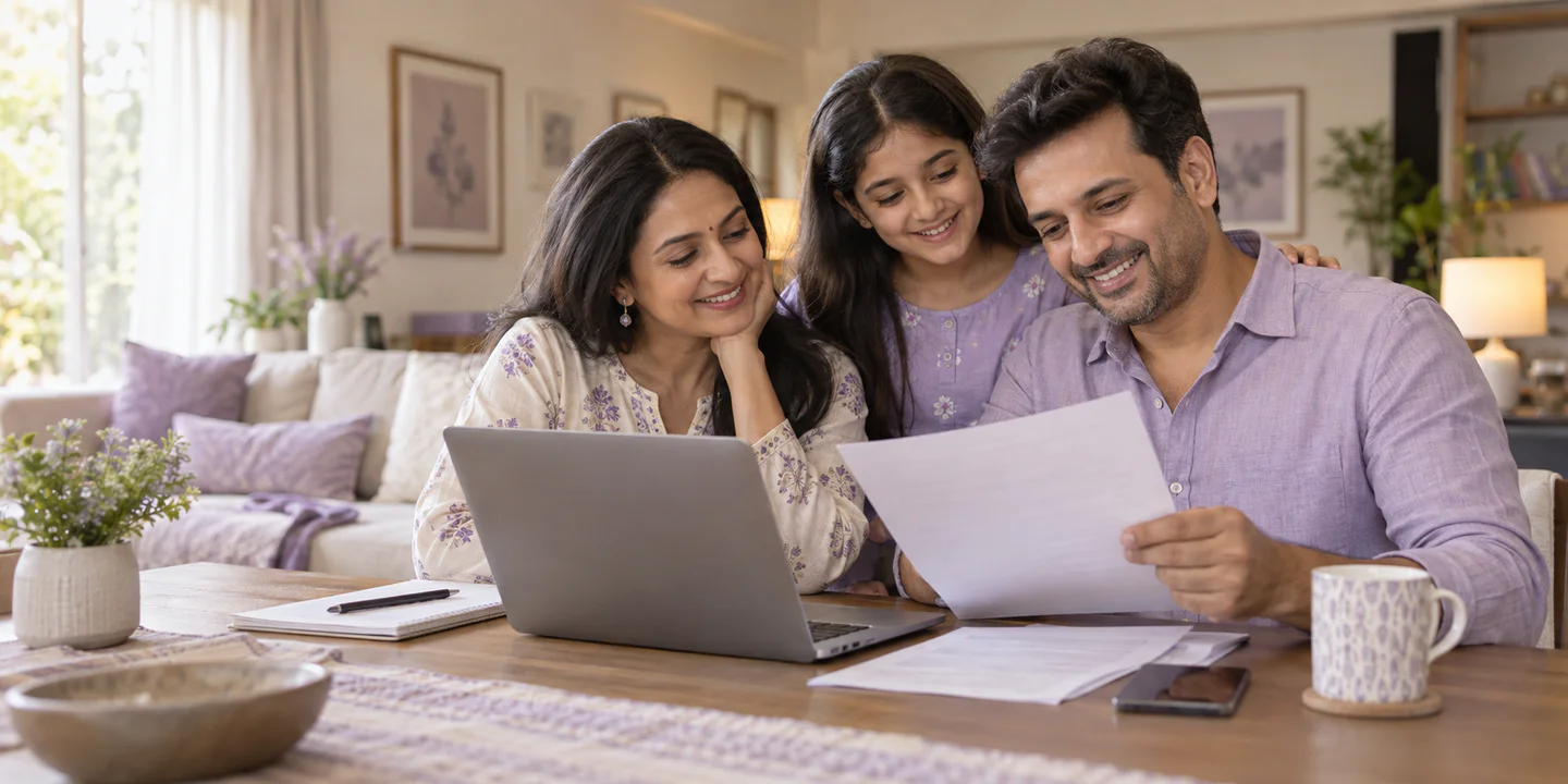 An Indian family reviewing their insurance claim together at home