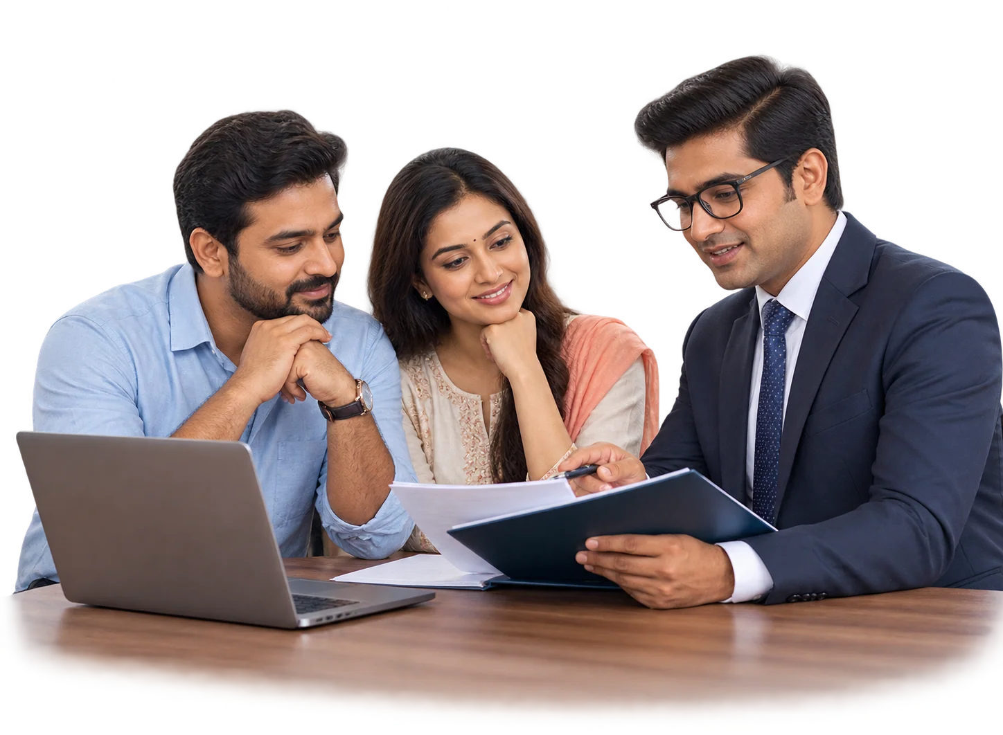 Claim consultant discussing insurance documents with an Indian couple