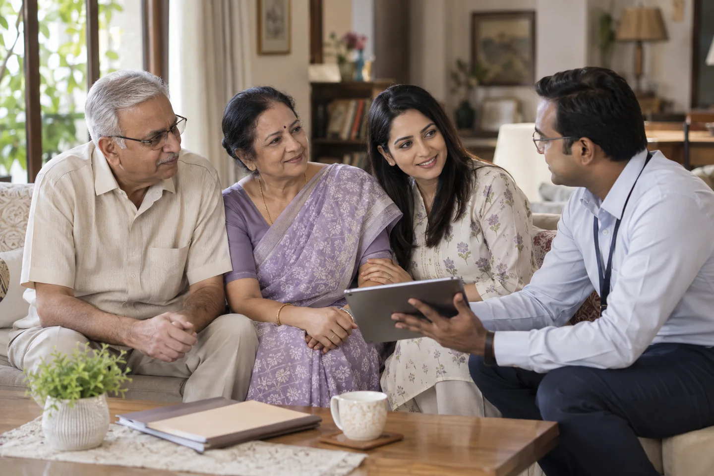 An Indian family receiving compassionate insurance claim guidance at home